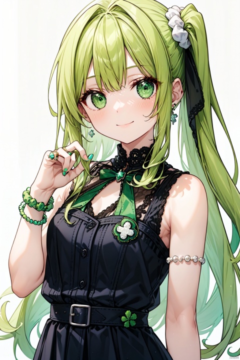  1girl, aqua_nails, armpits, bangle, bare_shoulders, bead_bracelet, beads, blonde_hair, blush, bracelet, clover, clover_hair_ornament, emerald_\(gemstone\), fingernails, four-leaf_clover, green_bow, green_bowtie, green_eyes, green_nails, green_necktie, green_neckwear, green_ribbon, green_scarf, green_scrunchie, hair_bobbles, hair_ornament, hair_scrunchie, jewelry, long_hair, low-tied_long_hair, multicolored_nails, nail_art, nail_polish, orange_nails, pearl_bracelet, red_nails, ribbed_sweater, ring, scrunchie, simple_background, sleeveless, smile, solo, white_background, wristwatch, yellow_nails