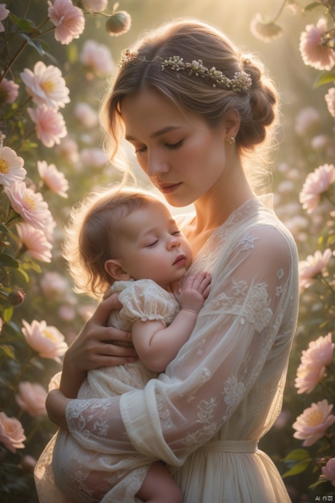  In the soft light of the early morning, mother and baby embrace each other in blooming flowers, capturing a moment of tenderness. The ethereal light accentuates their characteristics in a surrealist manner, creating a dreamlike atmosphere that resonates with the essence of love. The focus is on their faces
