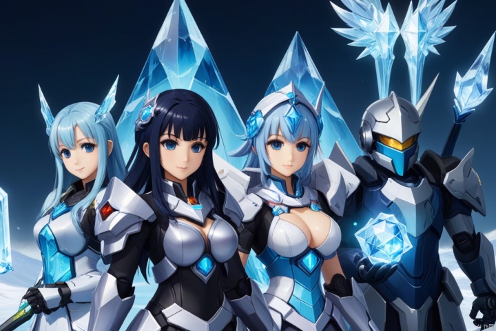  Three game characters, mecha-clad warrior, ice elemental mage, wizard, loli, (masterpiece), wmchahua