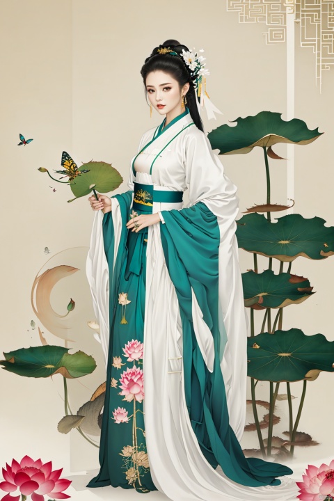  1girl, solo, long hair, black hair, hair ornament, long sleeves, dress, holding, jewelry, closed mouth, standing, full body, flower, earrings, hair flower, wide sleeves, white dress, sash, chinese clothes, bug, butterfly, shawl, forehead mark, lotus, hanfu