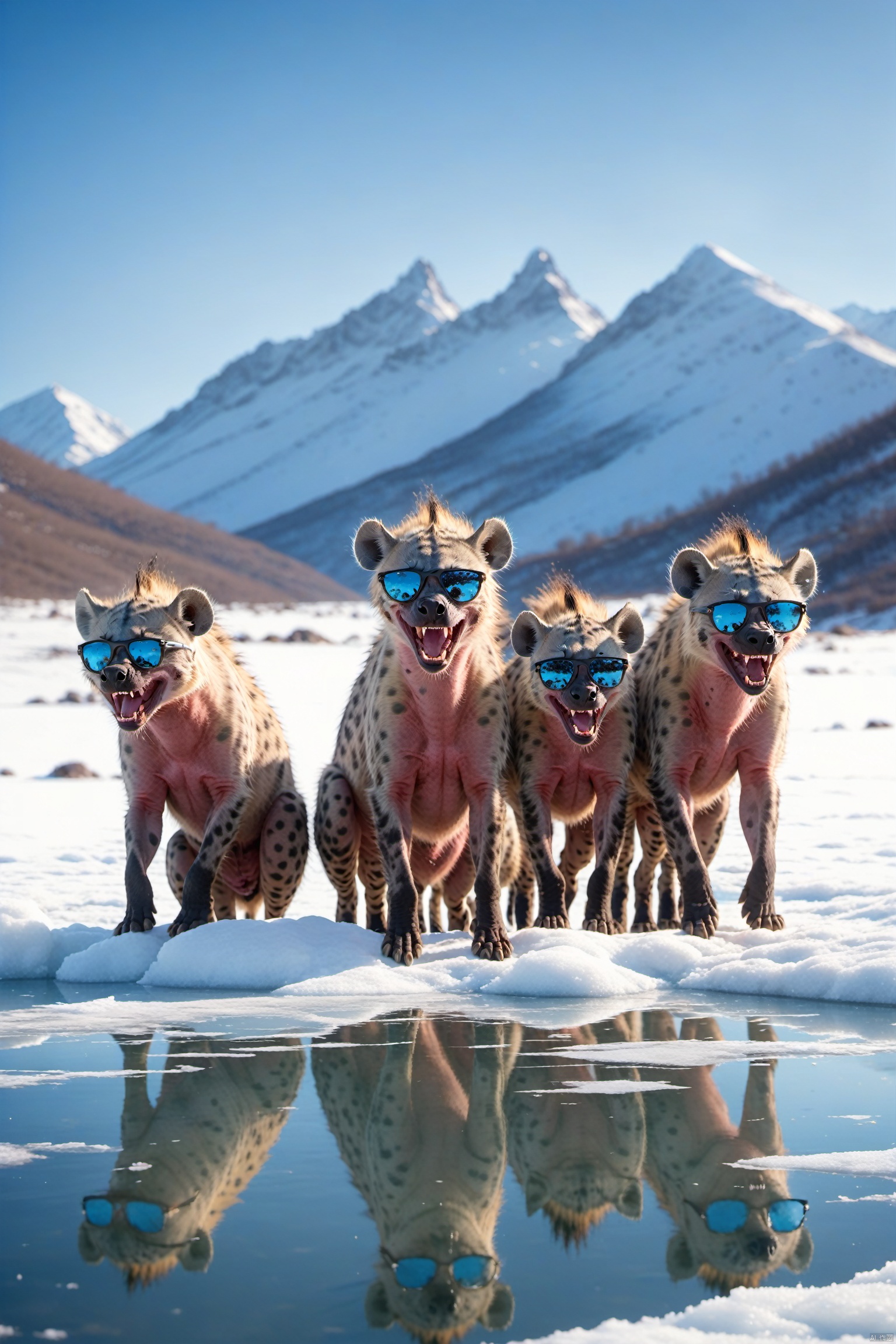  A pack of hyenas in stylish sunglasses, surprised, cute, laughing, outdoors, sky, day, blue sky, no humans, scenery, snow, reflection, ice, mountain, motion blur, lake, frozen