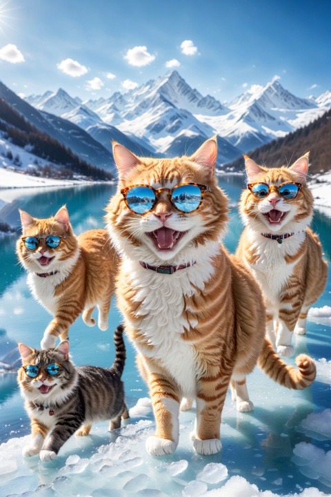 A bunch of German curly cats fashion sunglasses, surprise, cute, laugh,  outdoors, sky, day, blue sky, no humans, scenery, snow, reflection, ice, mountain, motion blur, lake, frozen