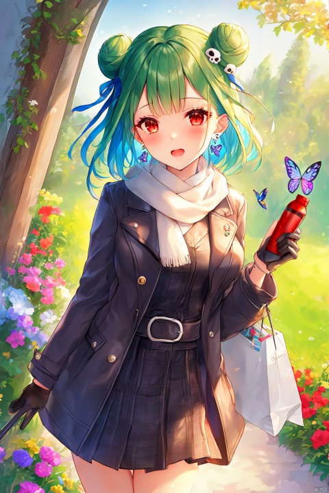1girl, solo, looking at viewer, blush, short hair, open mouth, bangs, skirt, hair ornament, red eyes, gloves, holding, jewelry, jacket, flower, earrings, outdoors, green hair, virtual youtuber, bag, hair bun, scarf, coat, fur trim, double bun, bottle, bug, butterfly, skull hair ornament, shopping bag, skull earrings, uruha rushia