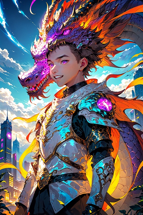  the poster of the anime character with an horned head, in the style of neon lights, futurism, handsome, i can't believe how beautiful this is, 2d game art, white, fantasy characters, Anime style, mlonggwang
solo, 1boy, purple eyes, male focus, outdoors, sky, teeth, armor, no humans, glowing, sharp teeth, building, science fiction, monster, city, dragon, lbbao