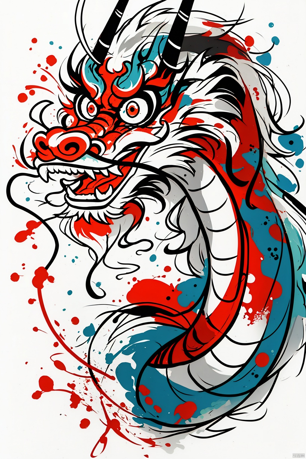  A Chinese dragon,splash ink,color,line,(cute:1.5),casual,abstract,exaggerated,big eyes,surprise,Lines,colored spray paint,colored inkdrops,,
