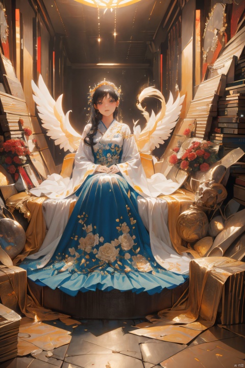  (masterpiece, top quality, best quality,official art, beautiful and aesthetic:1.2),(1girl:1.3),A girl sitting on a throne with angel wings, holding a candle surrounded by roses and a skull. The girl is wearing a gorgeous long dress and has a peaceful expression, as if enjoying a sacred and solemn atmosphere. High quality photo, intricate details, dramatic lighting, oil painting art by Gregory Manchess, trending on DeviantArt, Intricate, High Detail, Sharp focus, photorealistic painting art by midjourney and greg rutkowski.