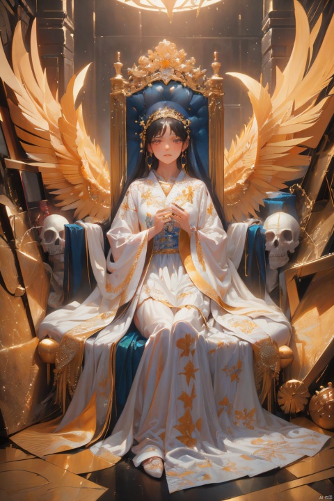  (masterpiece, top quality, best quality,official art, beautiful and aesthetic:1.2),(1girl:1.3),A girl sitting on a throne with angel wings, holding a candle surrounded by roses and a skull. The girl is wearing a gorgeous long dress and has a peaceful expression, as if enjoying a sacred and solemn atmosphere. High quality photo, intricate details, dramatic lighting, oil painting art by Gregory Manchess, trending on DeviantArt, Intricate, High Detail, Sharp focus, photorealistic painting art by midjourney and greg rutkowski.