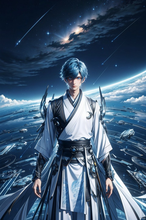  (8k, original photo, best quality, masterpiece: 1.2),1 boy. Blue hair, white and black Hanfu, futuristic robe. Sitting on a research platform floating in the middle of the asteroid belt. A floating meteorite, he was studying with a notebook, surrounded by several asteroids shining with blazing halos. Dramatic lights from distant stars and planets illuminated the scene, casting deep shadows on the Hanfu. The boy looks confident and determined, looking at the vast and mysterious universe with curiosity and respect, with a cowboy lens,Aso

