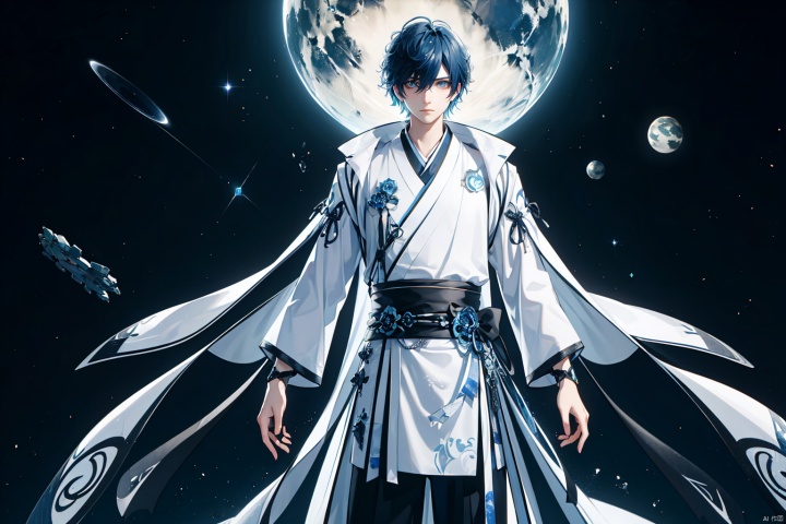  (8k, original photo, best quality, masterpiece: 1.2),1 boy. Blue hair, white and black Hanfu, futuristic robe. Sitting on a research platform floating in the middle of the asteroid belt. A floating meteorite, he was studying with a notebook, surrounded by several asteroids shining with blazing halos. Dramatic lights from distant stars and planets illuminated the scene, casting deep shadows on the Hanfu. The boy looks confident and determined, looking at the vast and mysterious universe with curiosity and respect, with a cowboy lens,Aso

