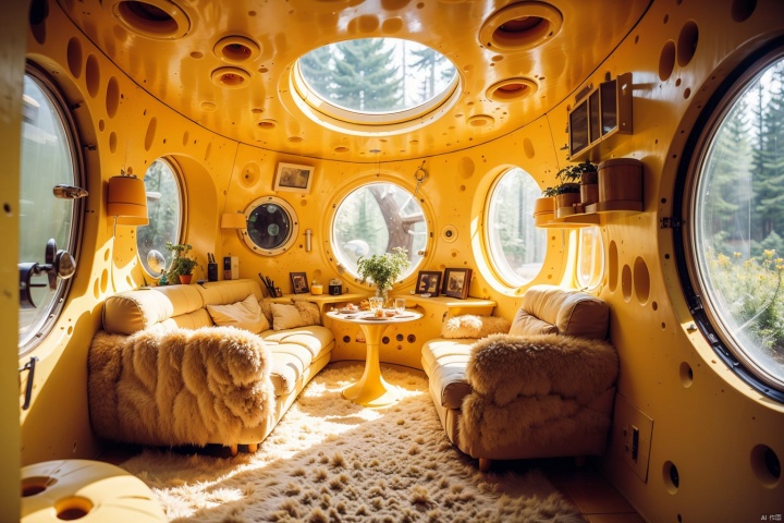 The interior of the spaceship, Cabin, A large porthole in which you can see the space, Highly detailed,  High-end lighting, cinematic world, Futuristic, cozily, Bright space
