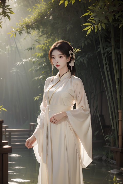 A young woman in traditional Hanfu stands quietly amidst the bamboo forest, her figure appearing particularly elegant in the tranquility of the bamboo grove. The bamboo stalks are tall and straight, their leaves rustling gently in the breeze, as if whispering secrets. Sunlight filters through the gaps in the leaves, casting dappled shadows on the woman. Deep within the bamboo grove, a golden lightning bolt streaks across, adding a touch of mystery and vitality to this serene landscape, Chinese cheongsam, linzhiling, girl