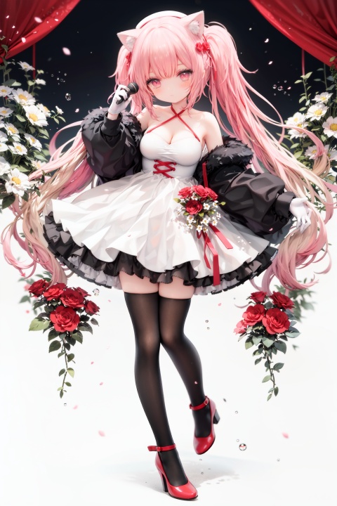 masterpiece, ((best quality)),  dynamic angle, chromatic aberration, ((colorful)),1girl, solo, flower, thighhighs, white thighhighs, gloves, red footwear, long hair, detached sleeves, animal ears, rose, blonde hair, looking at viewer, full body, hat, high heels, petals, dress, standing, twintails, wide sleeves, holding, shoes, frills, red flower, cat ears, bangs, microphone, long sleeves, white flower, hair ornament, white gloves, zettai ryouiki, bare shoulders, pink eyes, frilled dress, **all breasts, breasts, closed mouth, skirt, beret, white headwear, very long hair, red eyes, red rose, white dress, blush, ribbon, black gloves, animal ear fluff, hair flower, pink flower