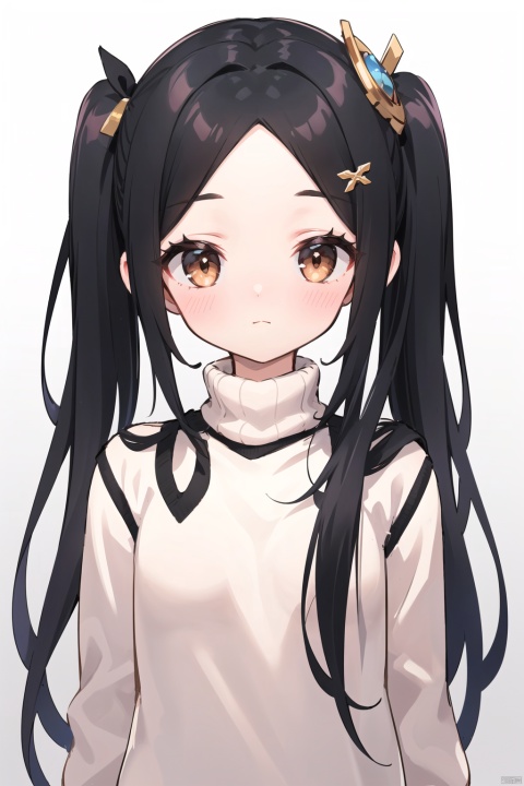  30710,miko,1girl, solo, twintails, hair ornament, looking at viewer, brown eyes, long hair, closed mouth, sweater, turtleneck, black hair, blush, forehead, upper body, turtleneck sweater, white sweater, gradient background, gradient, wangyushan, Light master
