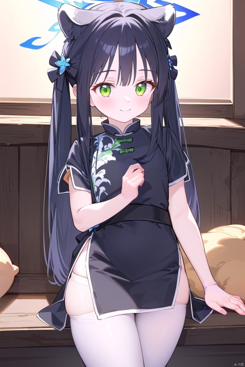  1girl,solo,(masterpiece:1.3),( beautiful:1.2),(high quality:1.2),(finely detailed:1.2),extremely detailed CG unity 8k wallpaper,best quality,a very delicate and beautiful,perfect fingers,(one cute girl at the center:1.2),
 long hair, blush, smile, bangs, black hair, thighhighs, dress, animal ears, twintails, green eyes, short sleeves, black footwear, black dress, white thighhighs, animal ear fluff, chinese clothes, china dress, tiger ears, tiger girl, shun \(blue archive\),shun,cowboy_shot,halo, white pantyhose