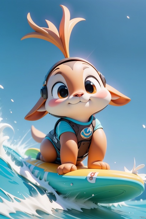  cute cartoon, Anthropomorphic Cervus playing Surfing, cute, chibi, (best quality, masterpiece, Representative work, official art, Professional, 8k, Ultra intricate detailed:1.3, ty-hd