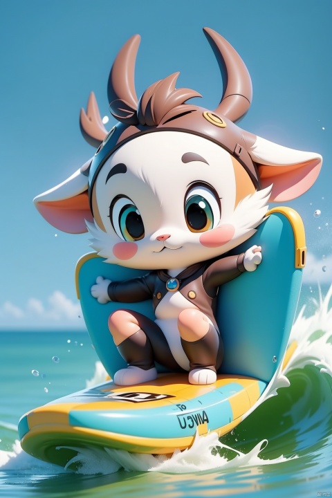  cute cartoon, Anthropomorphic Cervus playing Surfing, cute, chibi, (best quality, masterpiece, Representative work, official art, Professional, 8k, Ultra intricate detailed:1.3, ty-hd