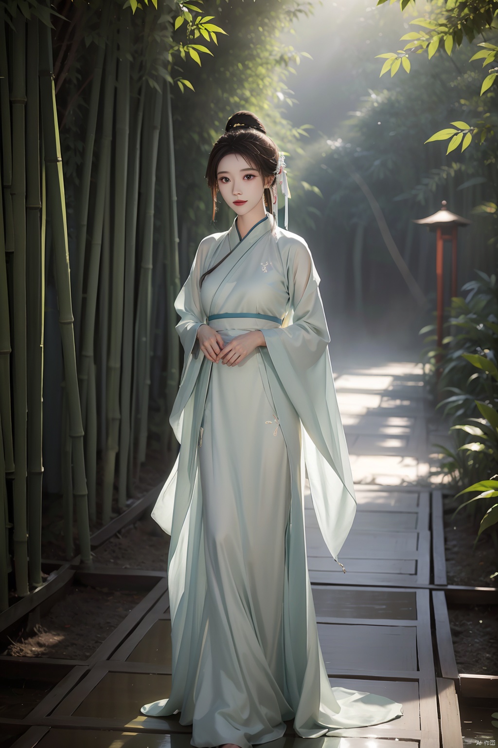 A young woman in traditional Hanfu stands quietly amidst the bamboo forest, her figure appearing particularly elegant in the tranquility of the bamboo grove. The bamboo stalks are tall and straight, their leaves rustling gently in the breeze, as if whispering secrets. Sunlight filters through the gaps in the leaves, casting dappled shadows on the woman. Deep within the bamboo grove, a golden lightning bolt streaks across, adding a touch of mystery and vitality to this serene landscape, Chinese cheongsam, linzhiling, girl