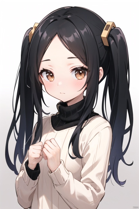  30710,miko,1girl, solo, twintails, hair ornament, looking at viewer, brown eyes, long hair, closed mouth, sweater, turtleneck, black hair, blush, forehead, upper body, turtleneck sweater, white sweater, gradient background, gradient, wangyushan, Light master

