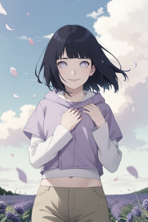  masterpiece,absurdres,hinata\(boruto\),1girl,solo,mature female,purple hoodie,layered sleeves,brown pants,outdoors,lavender flower field,wind,floating hair,hand on own chest,looking at viewer,smile,(falling petals),cloudy sky,,