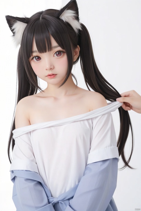  masterpiece,best quality,very long hair,cowboy shot,4349,animal_ears,1girl,twintails,simple_background,shirt_pull,white_background,long_hair,solo_focus,black_hair,cat_ears,looking_at_viewer,blush,parted_lips,bangs,loli,animal_ear_fluff,flat_chest,clothes_pull,bow,pink_bow,shirt,upper_body,hair_bow,bare_shoulders,off_shoulder,white_shirt,