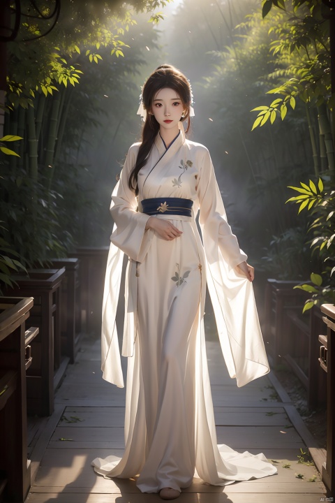 A young woman in traditional Hanfu stands quietly amidst the bamboo forest, her figure appearing particularly elegant in the tranquility of the bamboo grove. The bamboo stalks are tall and straight, their leaves rustling gently in the breeze, as if whispering secrets. Sunlight filters through the gaps in the leaves, casting dappled shadows on the woman. Deep within the bamboo grove, a golden lightning bolt streaks across, adding a touch of mystery and vitality to this serene landscape, Chinese cheongsam, linzhiling, girl