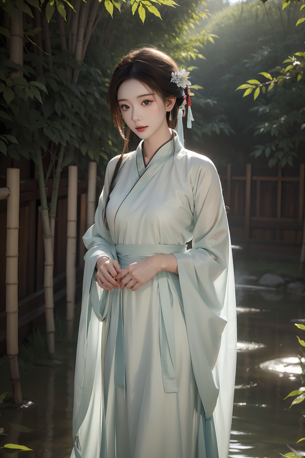 A young woman in traditional Hanfu stands quietly amidst the bamboo forest, her figure appearing particularly elegant in the tranquility of the bamboo grove. The bamboo stalks are tall and straight, their leaves rustling gently in the breeze, as if whispering secrets. Sunlight filters through the gaps in the leaves, casting dappled shadows on the woman. Deep within the bamboo grove, a golden lightning bolt streaks across, adding a touch of mystery and vitality to this serene landscape, Chinese cheongsam, linzhiling, girl