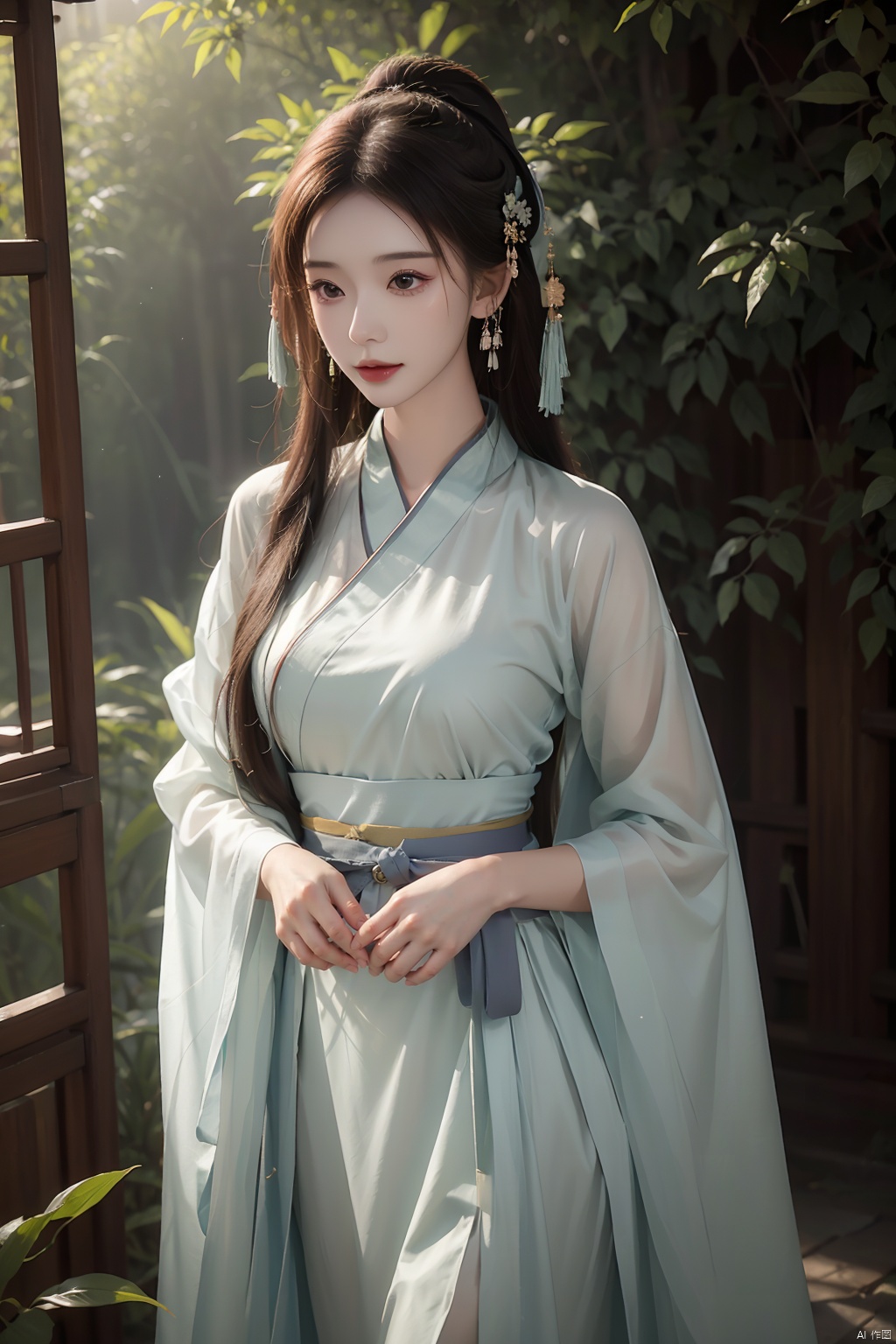 A young woman in traditional Hanfu stands quietly amidst the bamboo forest, her figure appearing particularly elegant in the tranquility of the bamboo grove. The bamboo stalks are tall and straight, their leaves rustling gently in the breeze, as if whispering secrets. Sunlight filters through the gaps in the leaves, casting dappled shadows on the woman. Deep within the bamboo grove, a golden lightning bolt streaks across, adding a touch of mystery and vitality to this serene landscape, Chinese cheongsam, linzhiling, girl