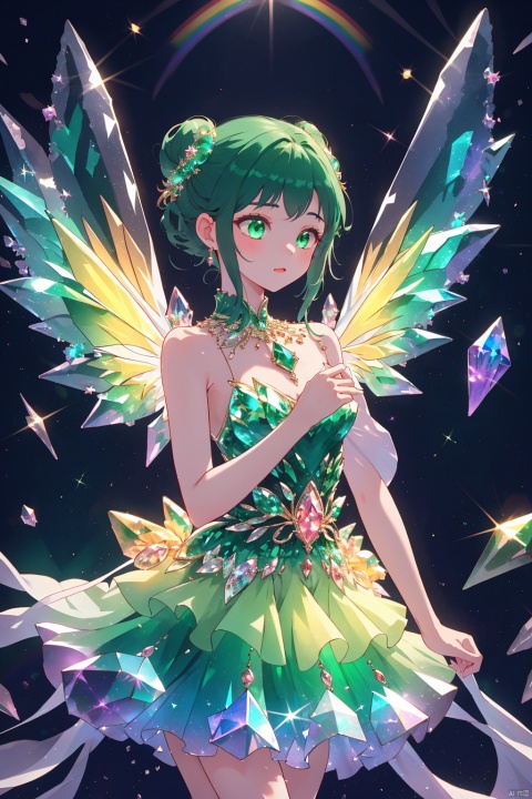  1girl, dance, Fairy, crystal, jewels,black, wings,Crystal clear,All the Colours of the Rainbow, jade , jade sculpture , green gemstone, , crystal_dress , crystal , wings ,, Light master,upper_body