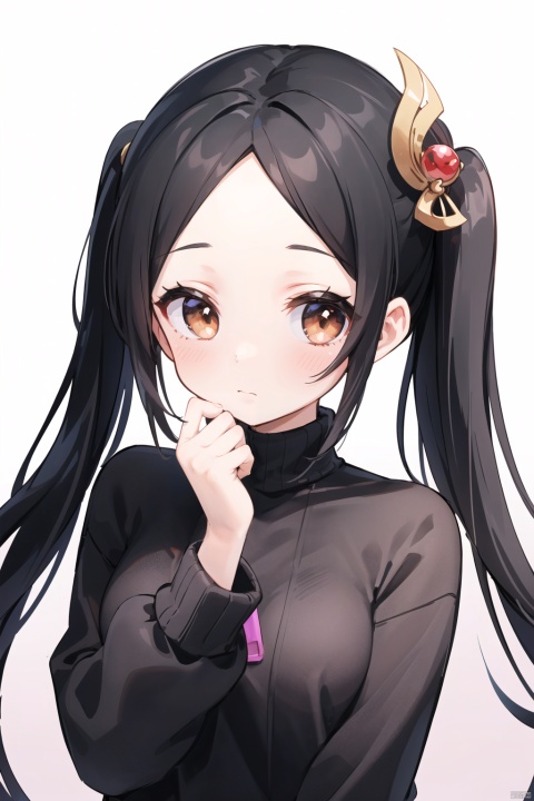  30710,miko,1girl, solo, twintails, hair ornament, looking at viewer, brown eyes, long hair, closed mouth, sweater, turtleneck, black hair, blush, forehead, upper body, turtleneck sweater, white sweater, gradient background, gradient, wangyushan, Light master
