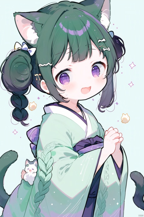  best quality,(masterpiece:1.3),1girl, animal ears, solo, drooling, tail, cat ears, purple eyes, animal ear fluff, cat tail, black hair, green background, bangs, long sleeves, japanese clothes, wide sleeves, +_+, open mouth, blush, hair bun, kimono, green kimono, chibi, sparkle, upper body, simple background, mouth drool, sleeves past wrists, saliva, hair ornament, cat girl, spoken object, single hair bun, kemonomimi mode, tail raised, hands in opposite sleeves, long hair, sleeves past fingers, sparkling eyes, low twintails, smile, :d, twintails, own hands together, hands up, braid