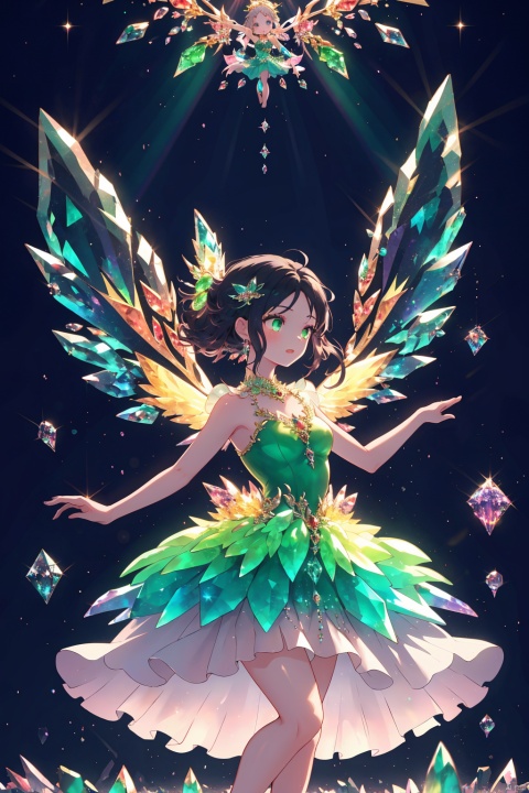  1girl, dance, Fairy, crystal, jewels,black, wings,Crystal clear,All the Colours of the Rainbow, jade , jade sculpture , green gemstone, , crystal_dress , crystal , wings ,, Light master,upper_body