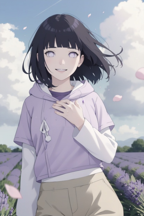  masterpiece,absurdres,hinata\(boruto\),1girl,solo,mature female,purple hoodie,layered sleeves,brown pants,outdoors,lavender flower field,wind,floating hair,hand on own chest,looking at viewer,smile,(falling petals),cloudy sky,,