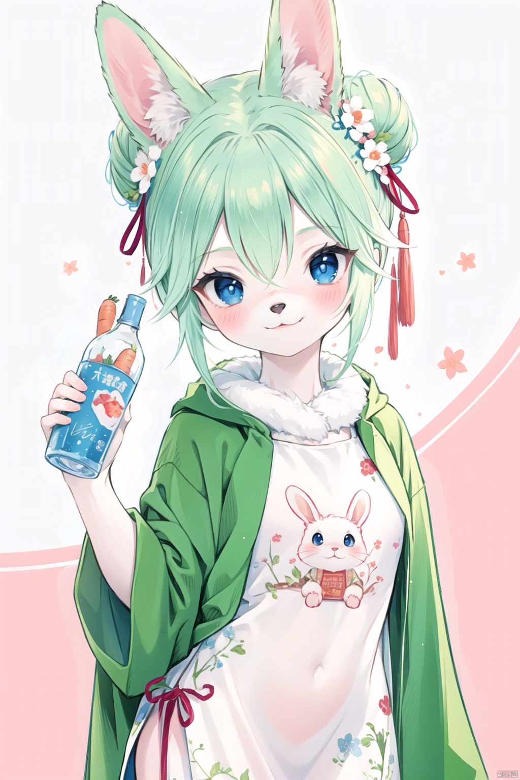  furry,furry girl,1girl, rabbit ears, animal, hair bun, solo, rabbit, bangs, blush, looking at viewer, dress, hair between eyes, china dress, bottle,holding Carrot juice。, FURRY