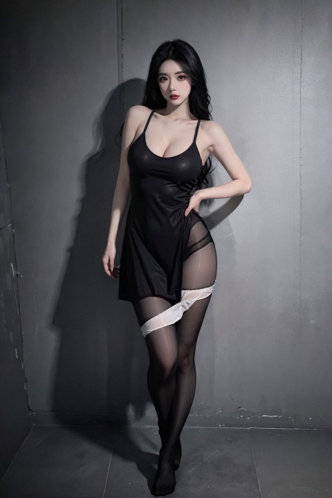  (masterpiece, best quality:1.4),finely detailed,1girl,solo,pale skin,perfect body,glossy skin,(largebreasts:1.1),,(dress),standing,underwear,grey dress,tutuh**,black pantyhose,full body,grey hair,