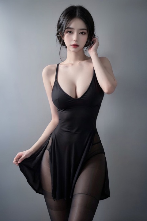  (masterpiece, best quality:1.4),finely detailed,1girl,solo,pale skin,perfect body,glossy skin,(largebreasts:1.1),,(dress),standing,underwear,grey dress,tutuh**,black pantyhose,perfect leg,grey hair,