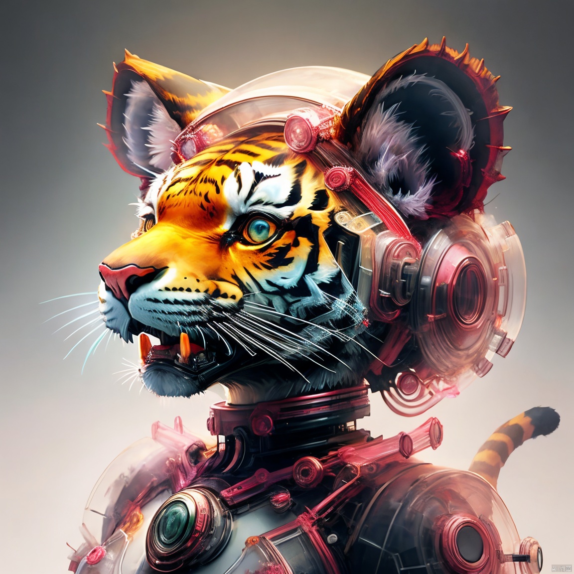 The robot, the head of a tiger, has an extremely delicate and complex mechanical structure on the front, with illustrations, X-ray perspective, and by Nick Veasey, the image appears very ethereal, reflecting the beauty of technology and art,arttoy