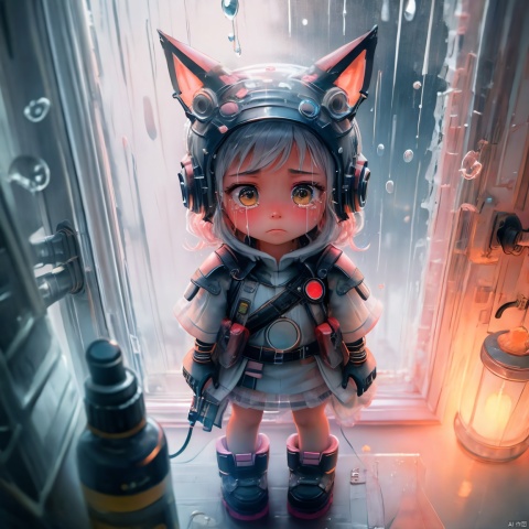 kal'tsit (arknights),blurry, blurry foreground,by rella,Dark environment, from above, full body,1girl,solo,curl up in bed, arms around her knees, in room, one of Her arm covered her eyes,very sad,she has long and smooth eyelashes,sad crying, tears drop from her face, wet clothes, White nightdress, rainning outside,overcast sky,neon lights, lights, cyberpunk, windows, reflections, reflections,Neon lights outside the window, raindrops hitting the window at night,arttoy
