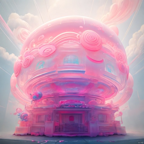 a white pink inflatable building on the sidewalk, in the style of meticulous photorealistic still lifes, japanese inspiration.a sculpture consisting of colorful balls, in the style of fluid, glass-like sculptures, ethereal cloudscapes, guo pei, transparent layers, tangled forms, swirling colors, blown-off-roof perspective,arttoy