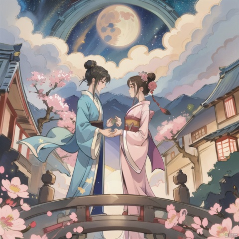 gushi, moon, bridge, 1boy, hanfu, sky, 1girl, night, hair ornament, cloud, chinese clothes, star \(sky\), black hair, flower, night sky, long sleeves, standing, sash, wide sleeves, cherry blossoms, full moon, hair flower, long hair, hair bun, single hair bun, railing, looking at another, starry sky, japanese clothes, tree, blue robe, outdoors, profile, pink flower, border, kimono