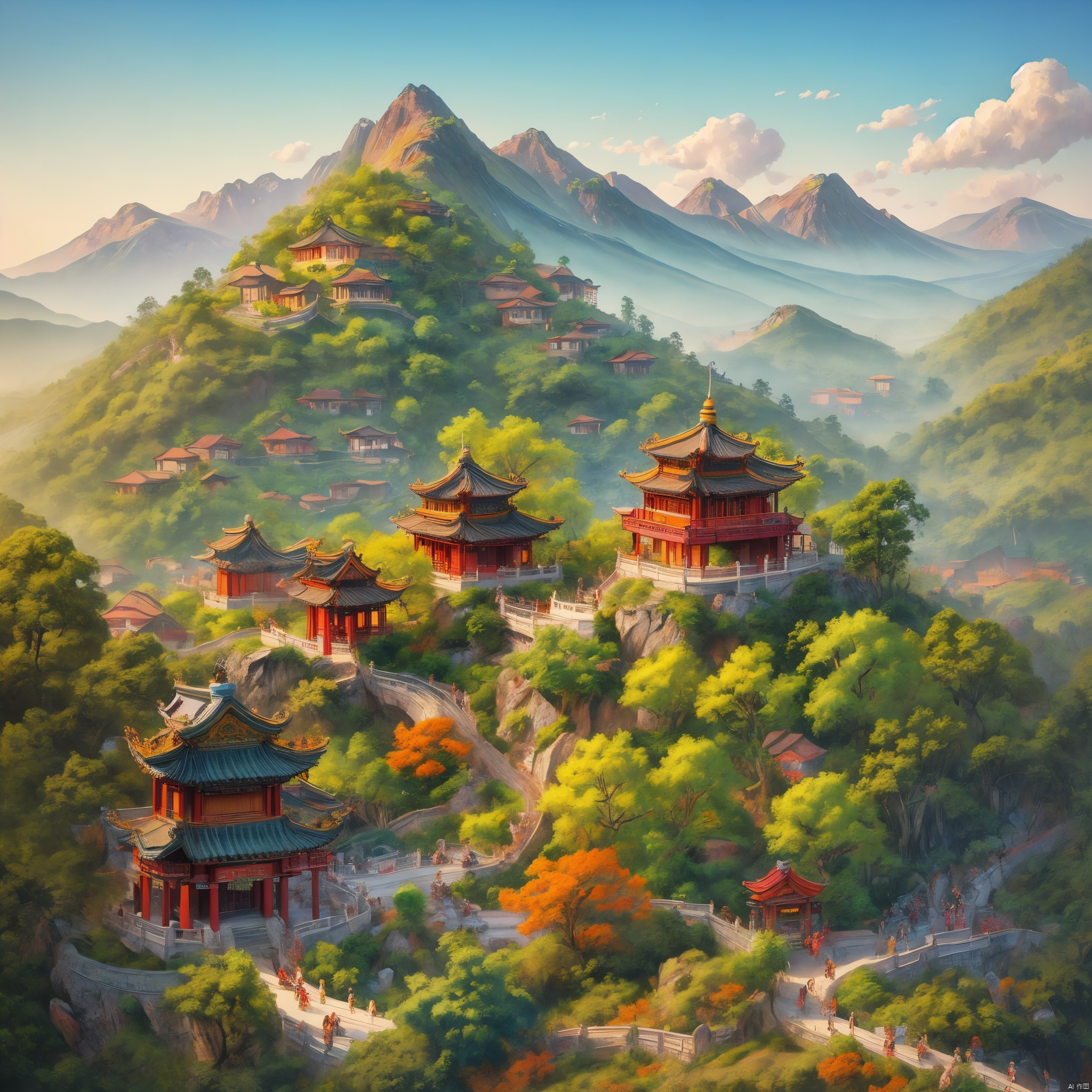 A painting of a mountain landscape in the style of Song Huizong, with rolling mountains and green vegetation, painted using a gold leaf technique. The background is a yellowish orange, adding depth to the scene. This artwork features vibrant blue colors for the peaks, creating an enchanting atmosphere reminiscent of traditional Chinese brushwork. It depicts rugged terrain with small villages nestled among lush trees.arttoy