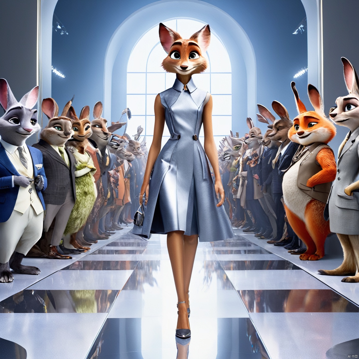 Zootopia,Humanized animals, dressed in Dior runway fashion and shoes, milan fashion week, Movie poster style, fox and rabbit, characters and style of Zootopia,Dynamic capture of runway shows,high-end design style,Pure gray mirrored texture flooring,16K , gmlm