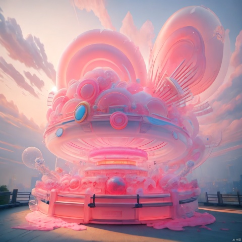 a white pink inflatable building on the sidewalk, in the style of meticulous photorealistic still lifes, japanese inspiration.a sculpture consisting of colorful balls, in the style of fluid, glass-like sculptures, ethereal cloudscapes, guo pei, transparent layers, tangled forms, swirling colors, blown-off-roof perspective,arttoy
