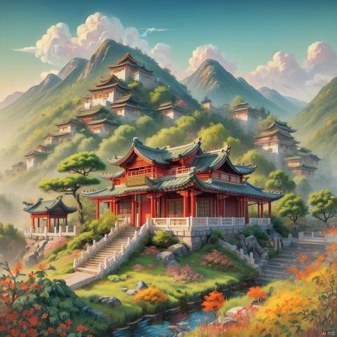 A painting of a mountain landscape in the style of Song Huizong, with rolling mountains and green vegetation, painted using a gold leaf technique. The background is a yellowish orange, adding depth to the scene. This artwork features vibrant blue colors for the peaks, creating an enchanting atmosphere reminiscent of traditional Chinese brushwork. It depicts rugged terrain with small villages nestled among lush trees.arttoy