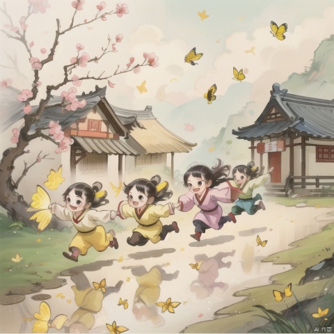 gushi,Children Rushing After Yellow Butterflies