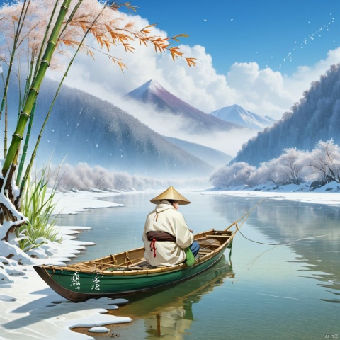 On a vast snowfield, the river is covered in thick white snow, almost merging with the snow on the shore. On the river, a solitary boat floats quietly, with an old fisherman dressed in a raincoat and a bamboo hat sitting on it. His figure appeared particularly lonely against the backdrop of the snow, as if isolated from the world. The old fisherman held a fishing rod and stared intently at the river, as if waiting for the fish to take the bait or pondering something. The world around was silent, with only occasional snowflakes falling and the faint sound of river water flowing,gmlm, gmlm,gmlm_background, asuo