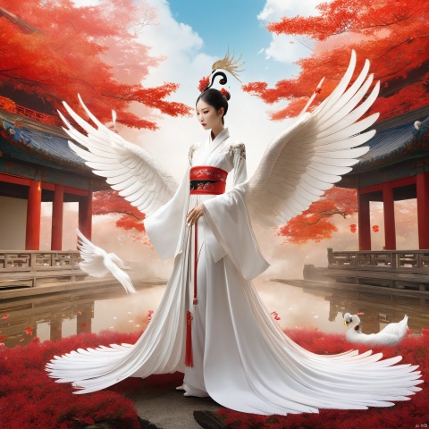 a anthropomorphic swan,swan Wearing Hanfu and a long skirt, with a Chinese aesthetic, Feather element,high-end design style,mysterious,A slender and slender figure,art by Rinko Kawauchi,flowers in the skyanalog film,super detail,anthropomorphic,Black, white, and red color scheme,high-end feel,Long Shot,Full body,A bright and vibrant white color tone,Wonderland, clouds and mist, elements of Chinese mythology, gmlm