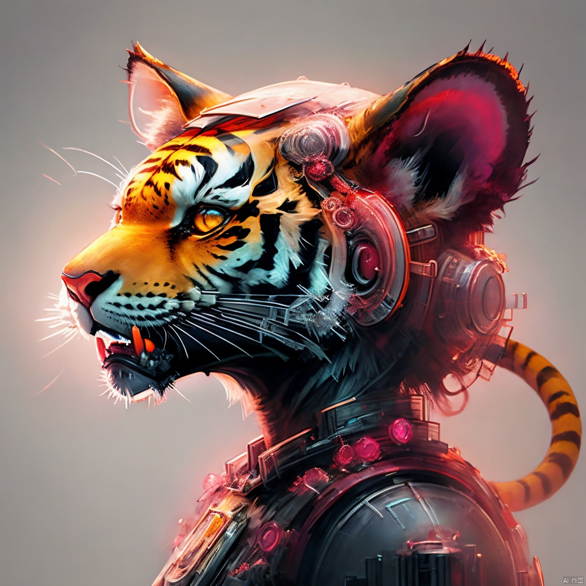 The robot, the head of a tiger, has an extremely delicate and complex mechanical structure on the front, with illustrations, X-ray perspective, and by Nick Veasey, the image appears very ethereal, reflecting the beauty of technology and art,arttoy