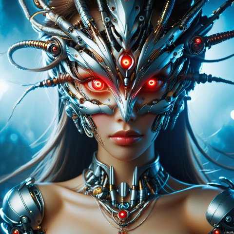 She is gentle yet powerful, known for her mysterious powers and adorned in shimmering scales that sparkle with cosmic radiance. Her eyes can release lasers and unique blends of gamma rays. She guides the growth and progress of the encryption realm with her wisdom and strength. Her flight is a protection and inspiration for the future of the kingdom. Her presence allows the entire crypto world to stand firm amidst change. (Please note: 射眼 and 伽玛射线眼 are translated as "eyes that release lasers" and "unique blends of gamma rays" respectively.),gmlm, 1girl, solo, cyborg, glowing, lips, portrait, jewelry, upper body, necklace, collarbone, realistic, closed mouth, close-up, robot, mechanical parts, long hair, science fiction, covered eyes, android, cable, cyberpunk, headgear, nose, watermark, red eyes, lens flare, facing viewer, cexz1,cexz2,cexz3,cexz4,cexz5,changexian