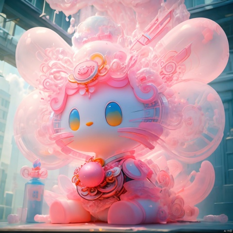 a white pink inflatable building on the sidewalk, in the style of meticulous photorealistic still lifes, japanese inspiration.a sculpture consisting of colorful balls, in the style of fluid, glass-like sculptures, ethereal cloudscapes, guo pei, transparent layers, tangled forms, swirling colors, blown-off-roof perspective,arttoy