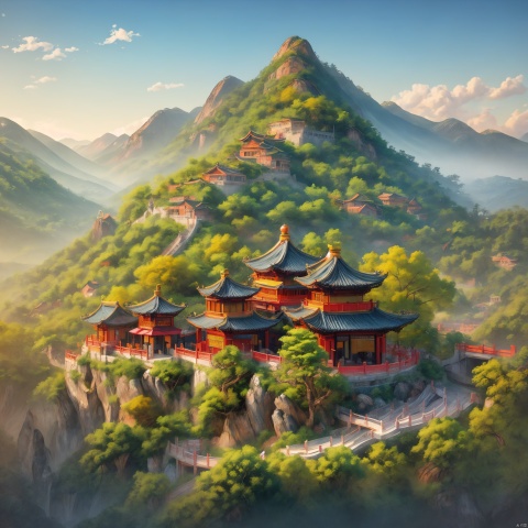 A painting of a mountain landscape in the style of Song Huizong, with rolling mountains and green vegetation, painted using a gold leaf technique. The background is a yellowish orange, adding depth to the scene. This artwork features vibrant blue colors for the peaks, creating an enchanting atmosphere reminiscent of traditional Chinese brushwork. It depicts rugged terrain with small villages nestled among lush trees.arttoy